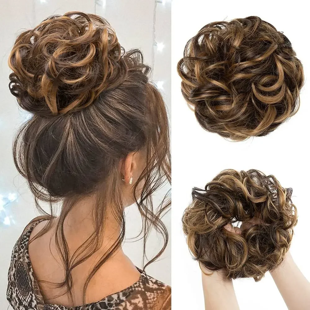 Messy Bun Hair Extension Womens Wavy Curly Ponytail Scrunchie Elastic Updo Brown